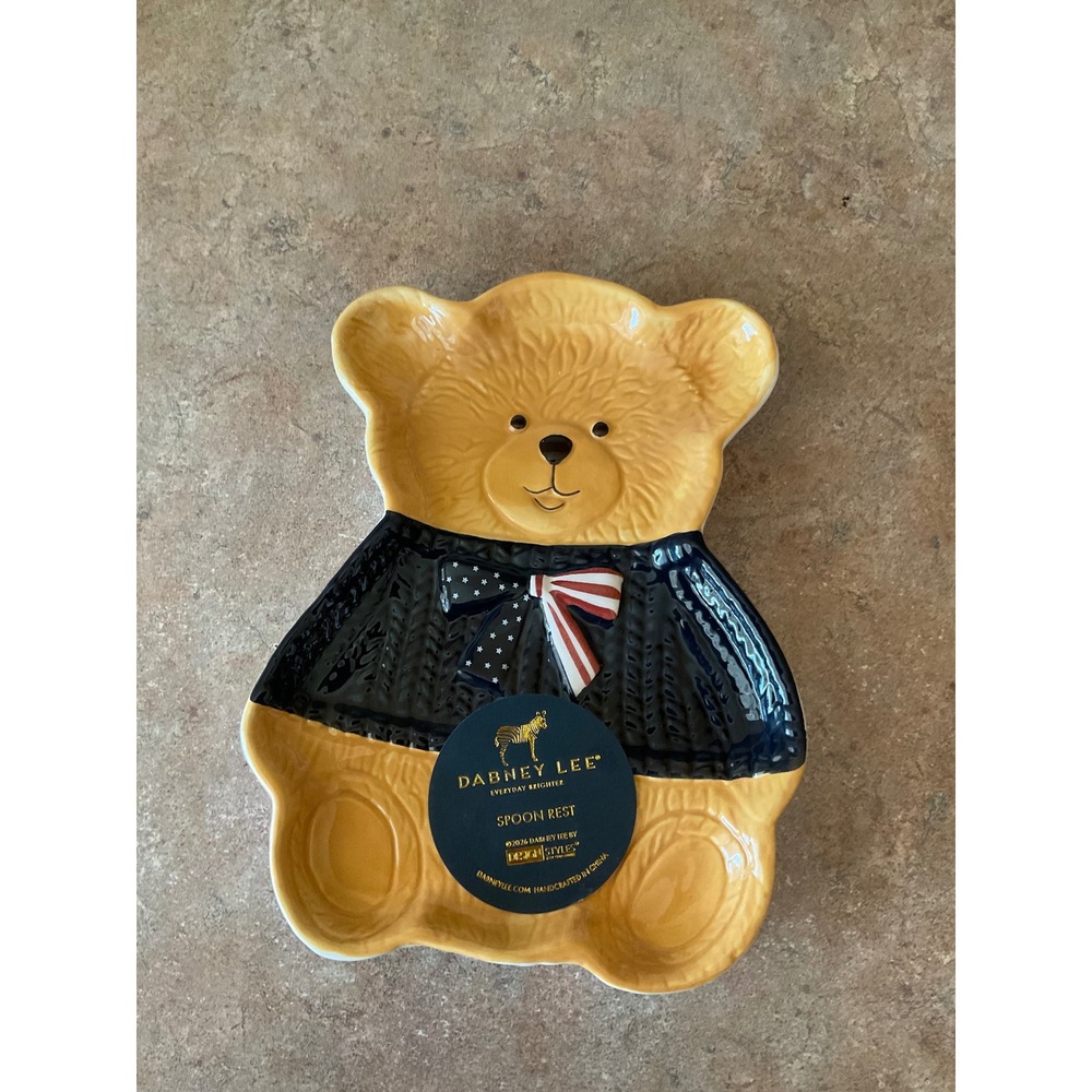 Dabney Lee Teddy Bear Spoon‎ Rest Navy Sweater Stars Stripes Bow Ceramic USA